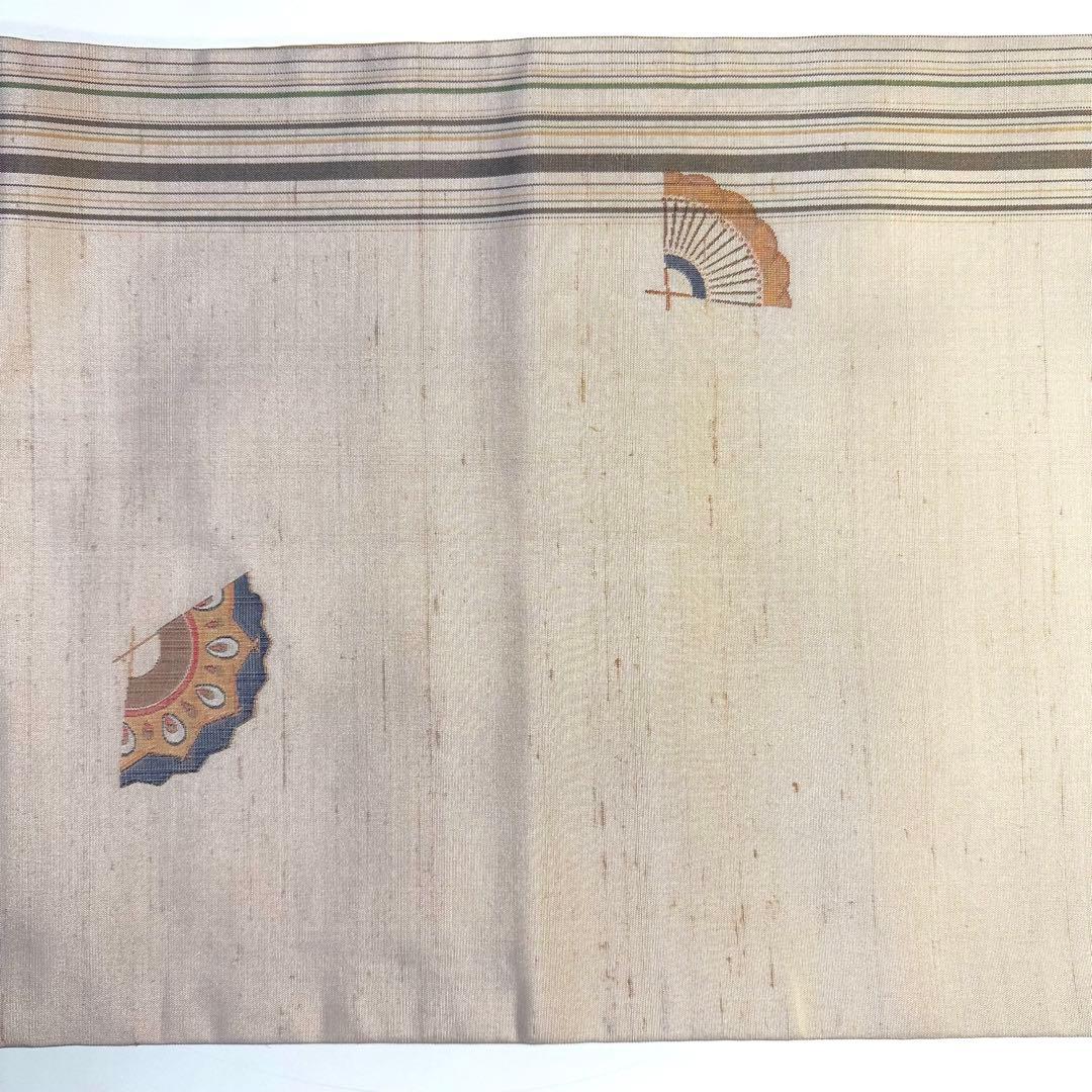 5k3071 名古屋帯　絹　紬　西陣織　高垣織物謹製　菱屋六右衛門　扇子　柄物