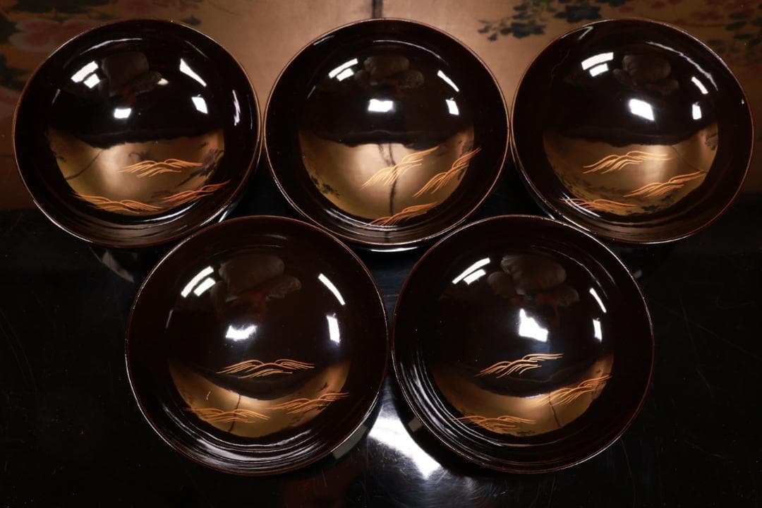 BJ021　時代輪島　雲上富士図金蒔絵　吸物椀　五客　木製　茶道具　懐石　菓子