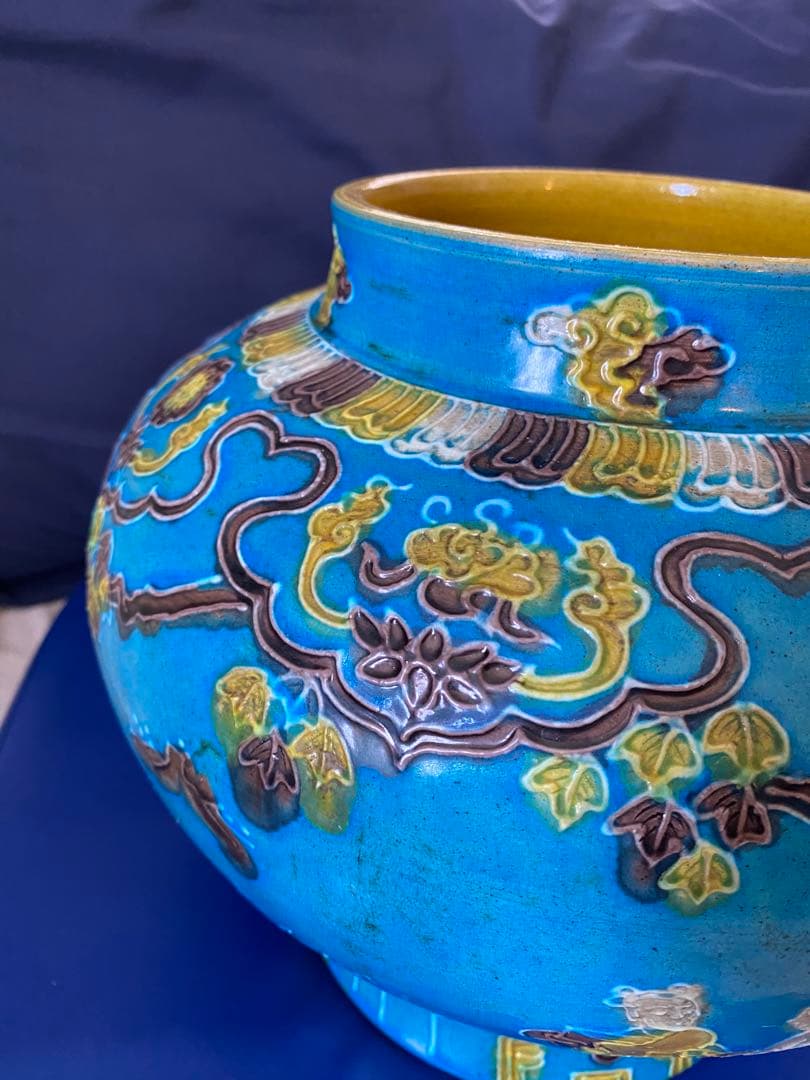 中国明代珐華彩携琴訪友紋大缶サイズ高さ約25cm径30×口16cm