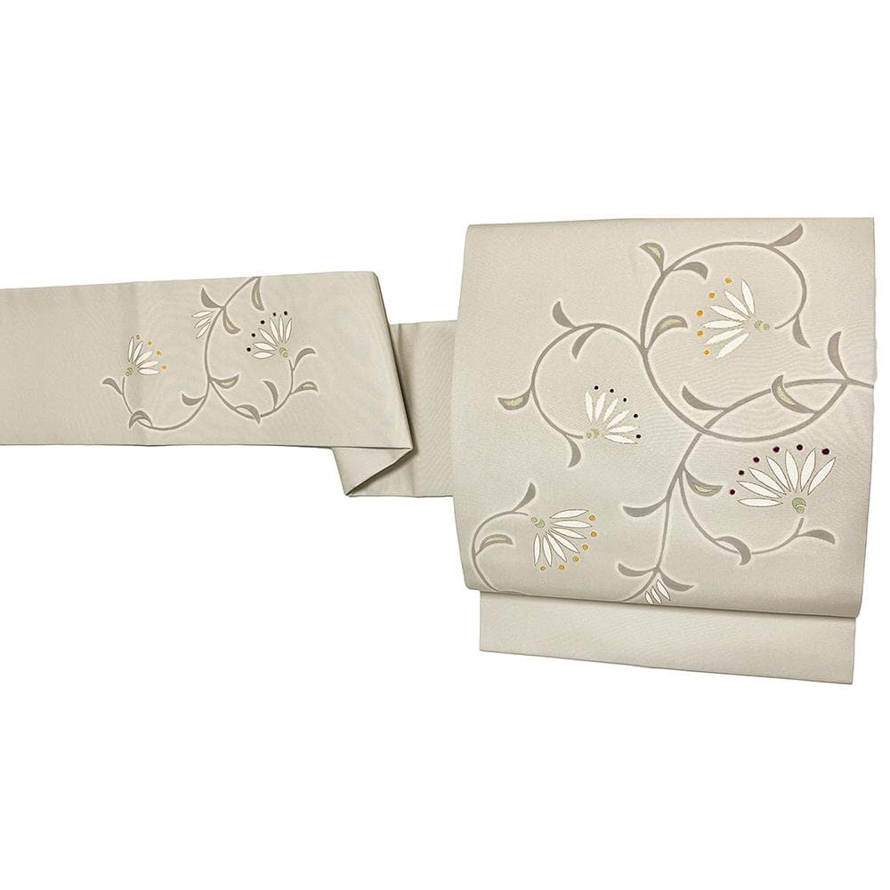 極上の手描友禅 名古屋帯 九寸 塩瀬 正絹 中古 花唐草 No.ymo0072