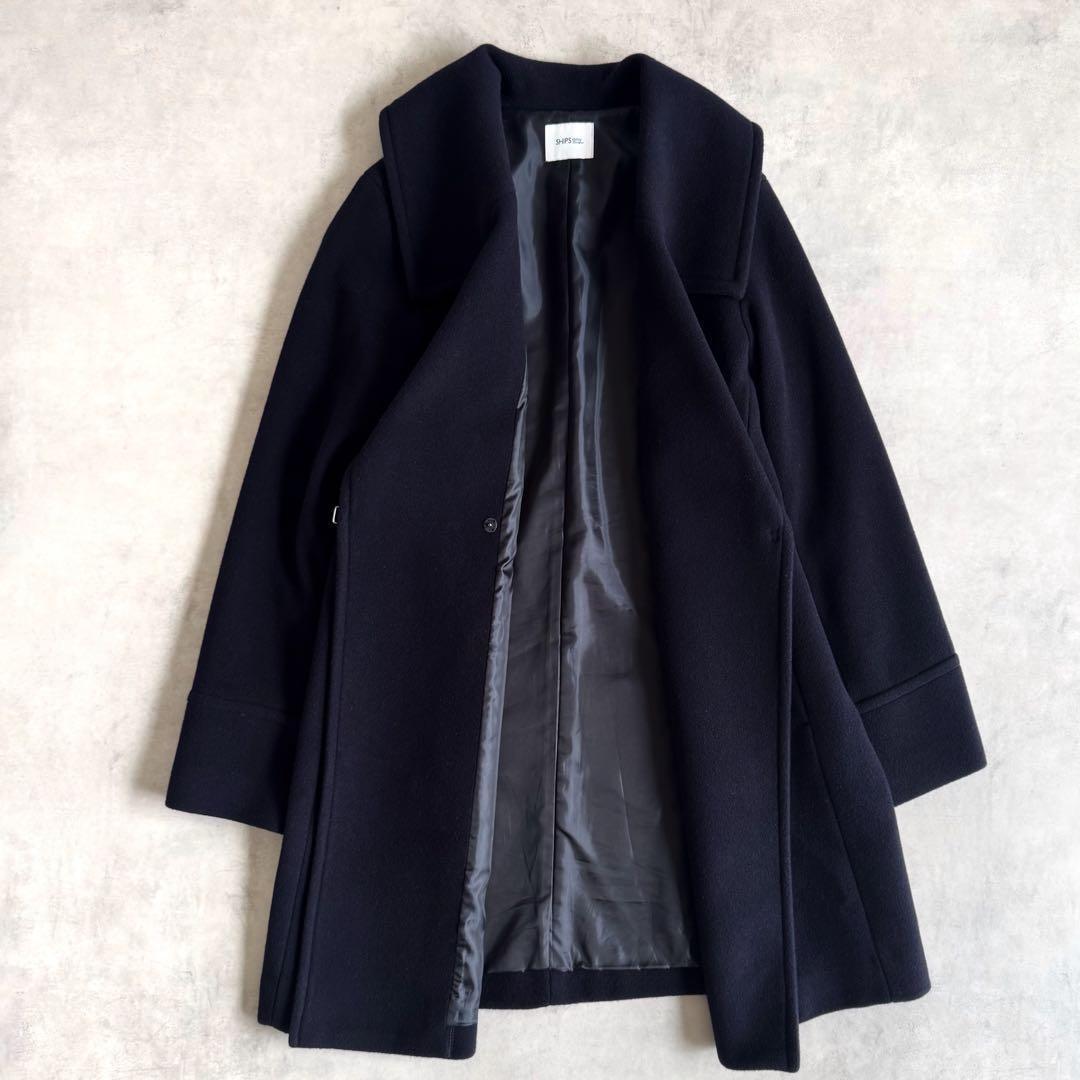 美品▲シップスエニィ SHIPS anyウール ラペル コート ネイビー