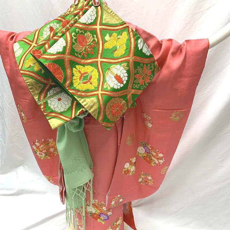 506ag55□七五三 七歳 女児 着物&袋帯&長襦袢 金彩 束ね熨斗□状態良好