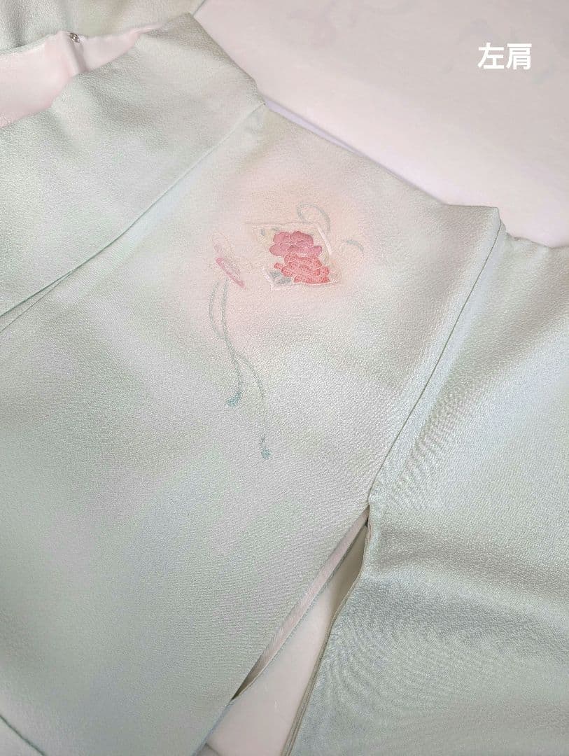 蘇州刺繍　訪問着　袋帯　セット　ぼかし染め　花鳥・宝尽くし　白緑・秘色・乙女色