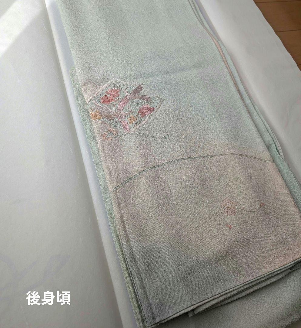 蘇州刺繍　訪問着　袋帯　セット　ぼかし染め　花鳥・宝尽くし　白緑・秘色・乙女色