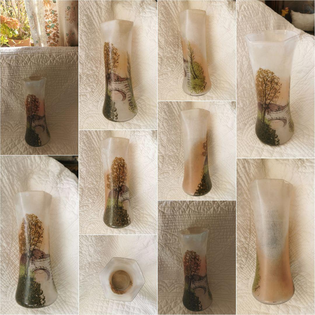 アンティーク ルグラ 橋上の母娘 ≒29㎝大型ガラス花瓶 アールヌーヴォー手描