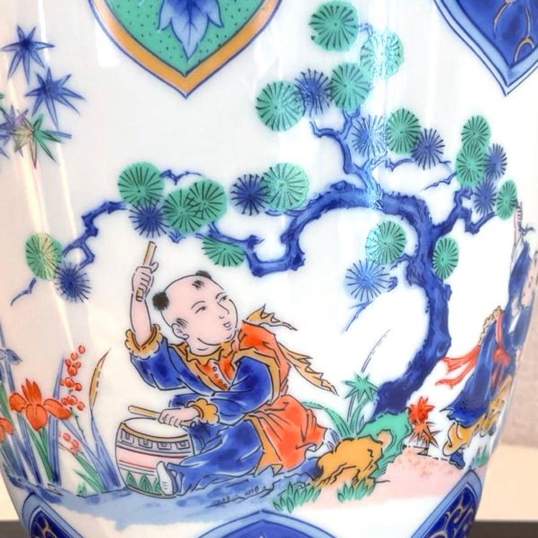 【新品】若山窯　唐絵柄陶器花びん 昭和レトロ 唐絵 骨董 手描き花瓶 置物