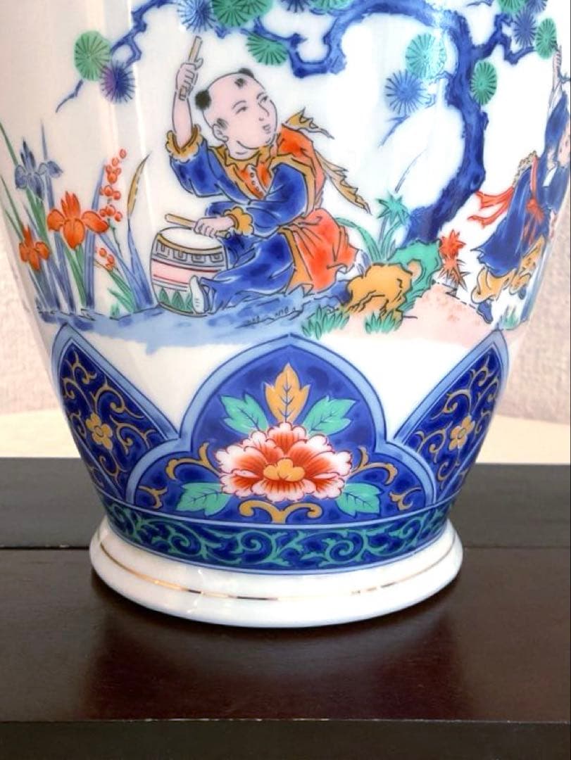 【新品】若山窯　唐絵柄陶器花びん 昭和レトロ 唐絵 骨董 手描き花瓶 置物
