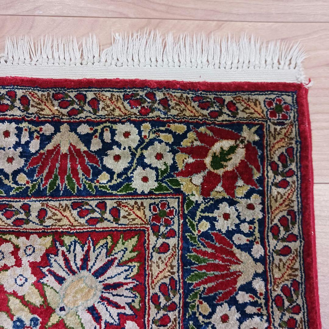 Y3347 中国シルク絨毯 シルク100% 手織り240段 85×68㎝