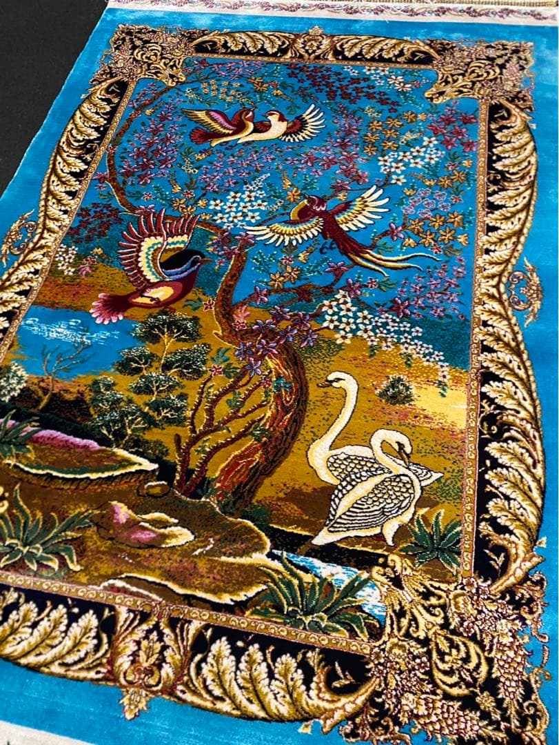 最高級希少作 楽園花鳥文様 百鳥集　2点セットペルシャ絨毯 イラン クム産