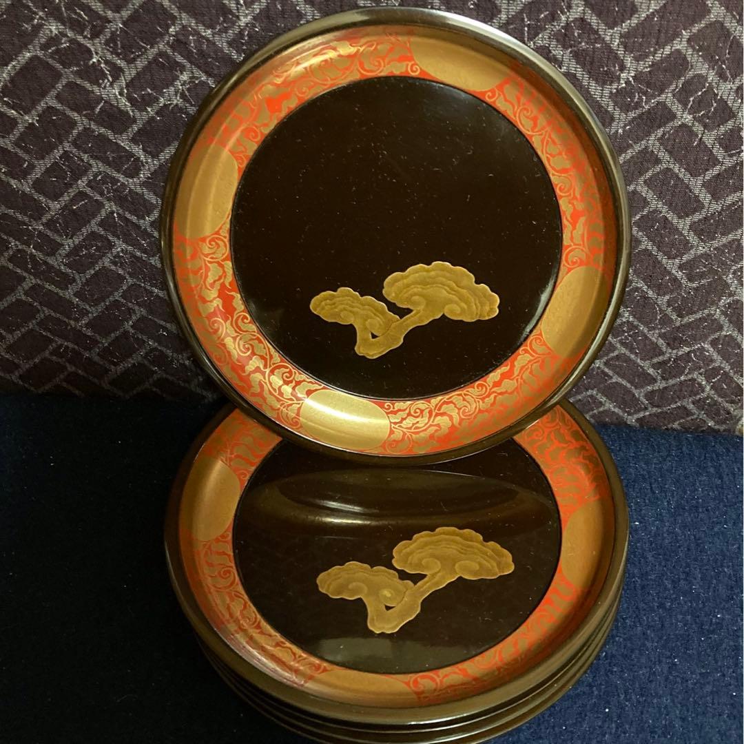 研出蒔絵　霊芝紋木皿　五枚組