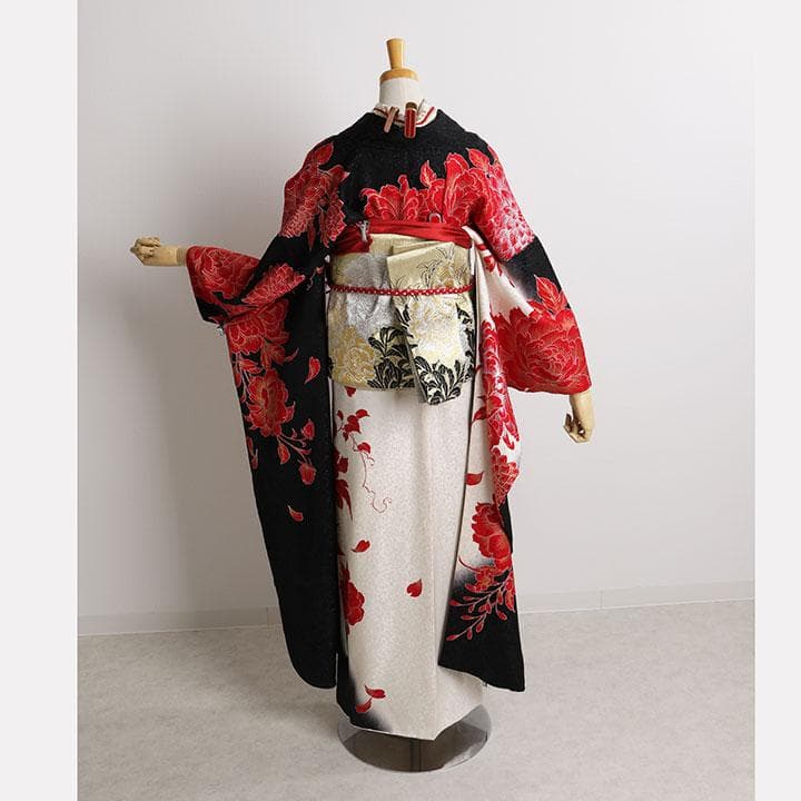 ◆正絹振袖7点セット◆黒地に赤の花柄＆白◆ご成人式　HK39123