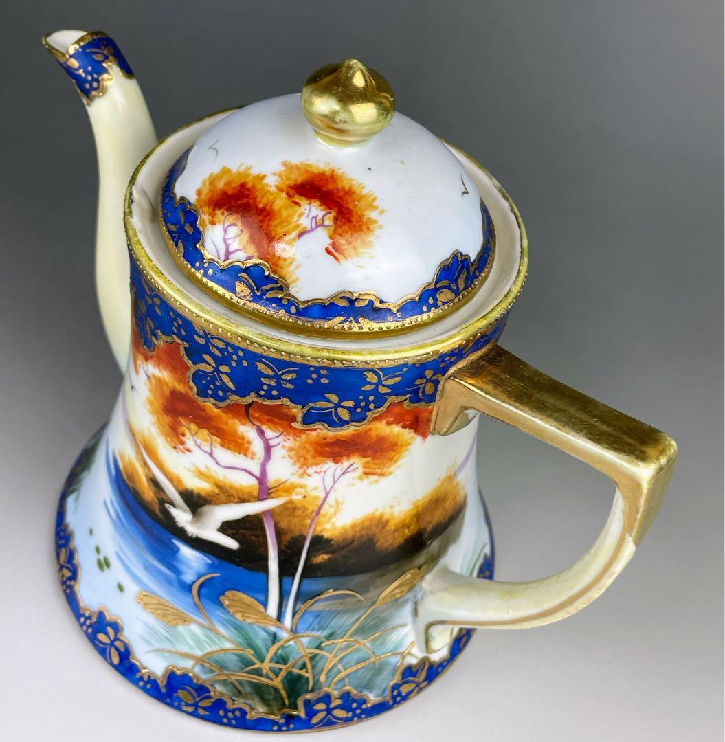 オールドニッポン カモメ 風景図 ティーポット アールヌーボー 金盛り