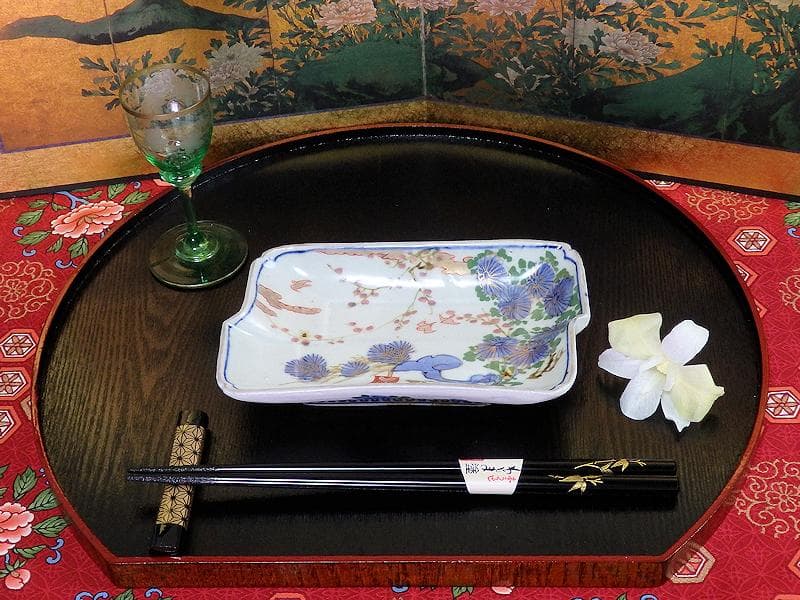 古伊万里　染錦　梅に菊　松に短冊の図　変形長皿　５客　B048AS-CWx