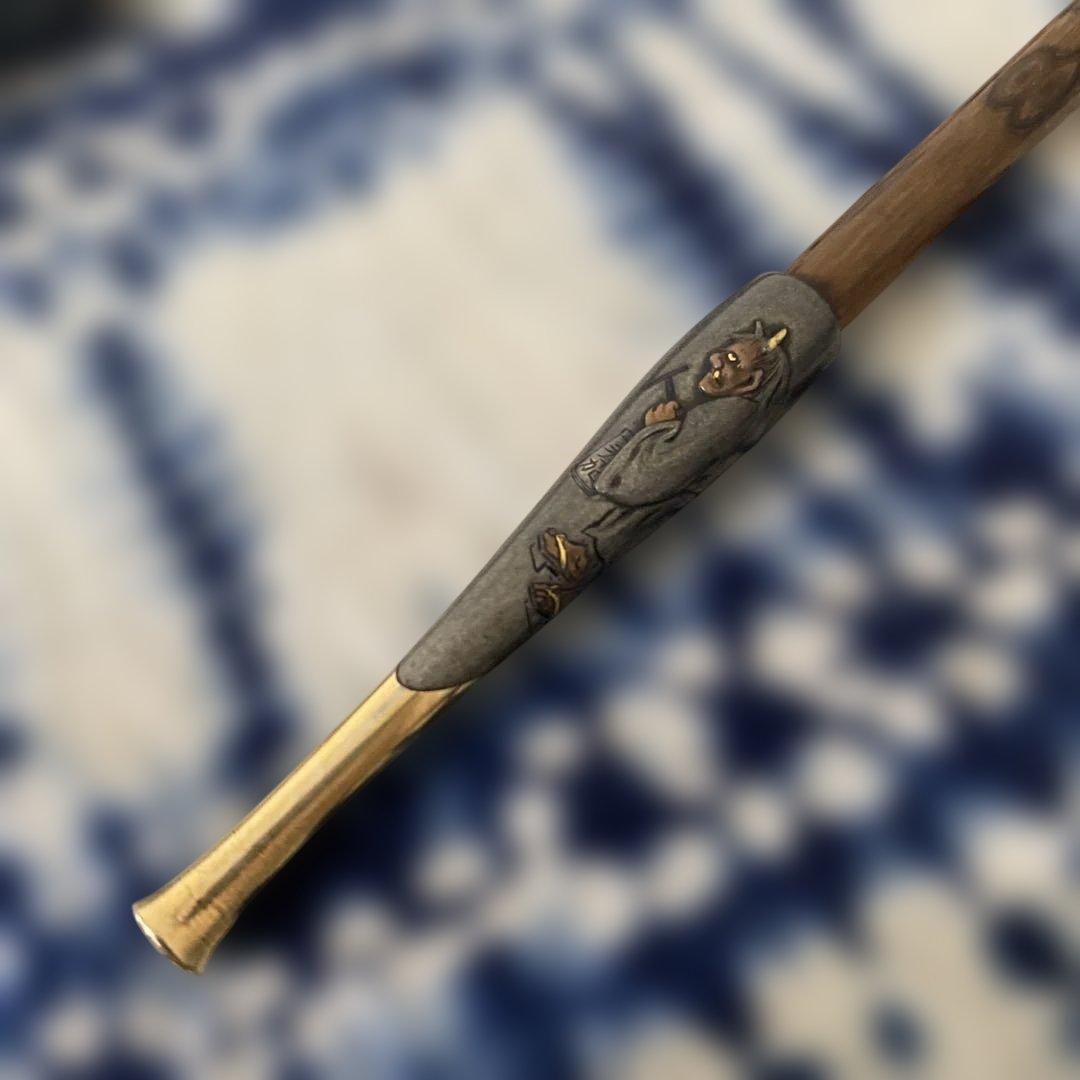 金工師　芳老　煙管　キセル　金口　　在銘　純銀　斑竹