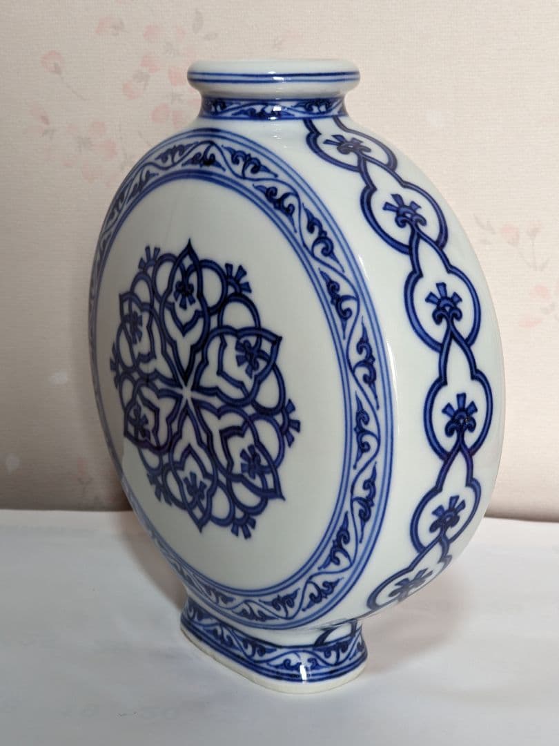 ♦京焼名跡 第四代三浦竹泉造 染付青華文様 扁壺 花器 古美術品 工芸品 骨董品