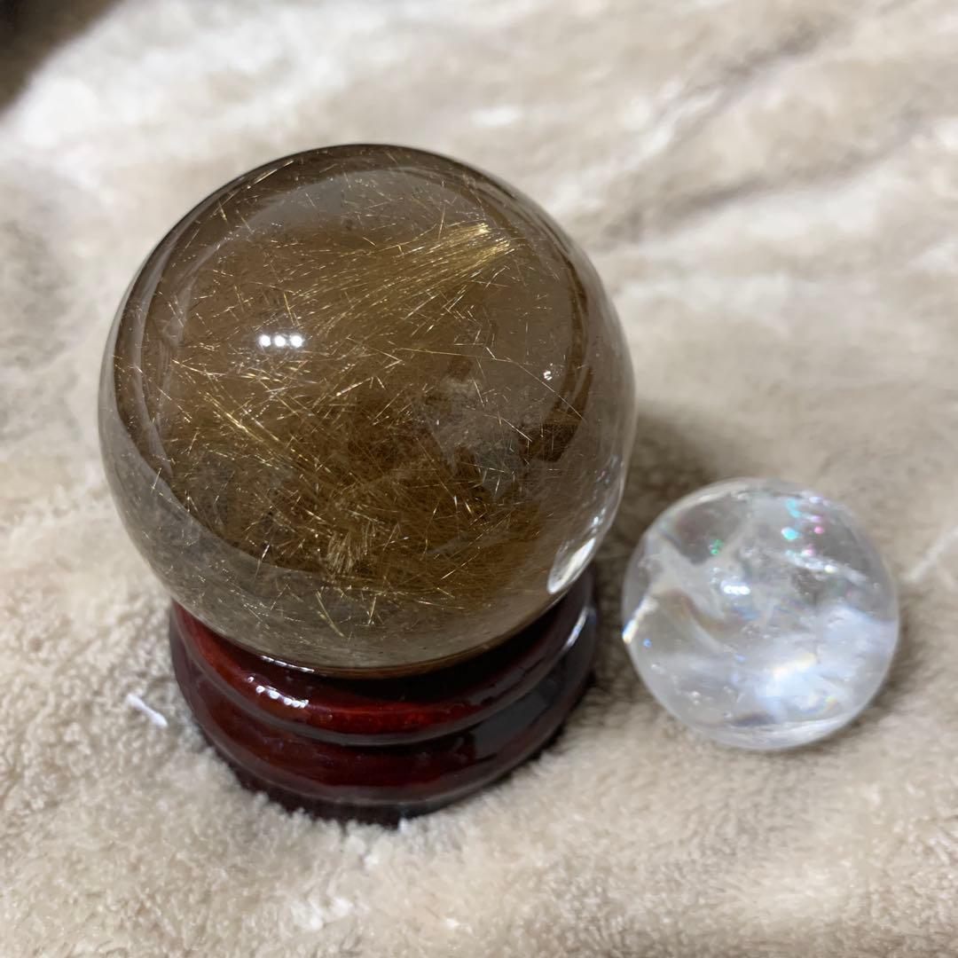 特大　特価　スモーキーゴールドルチルクォーツ スフィア　玉　55mm 台座付き