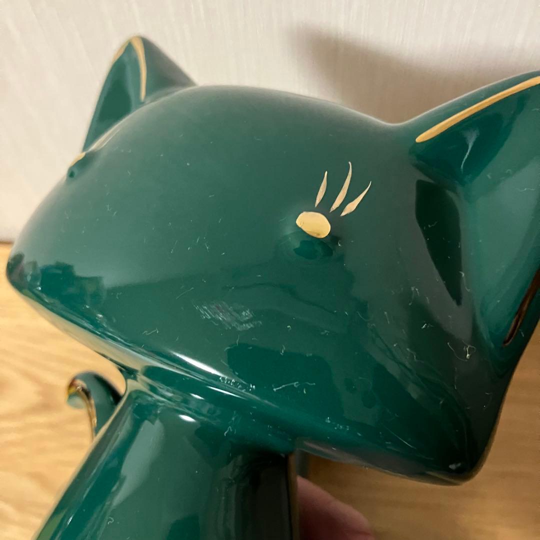 陶器製　猫　ネコ　ペア　グリーン　置物