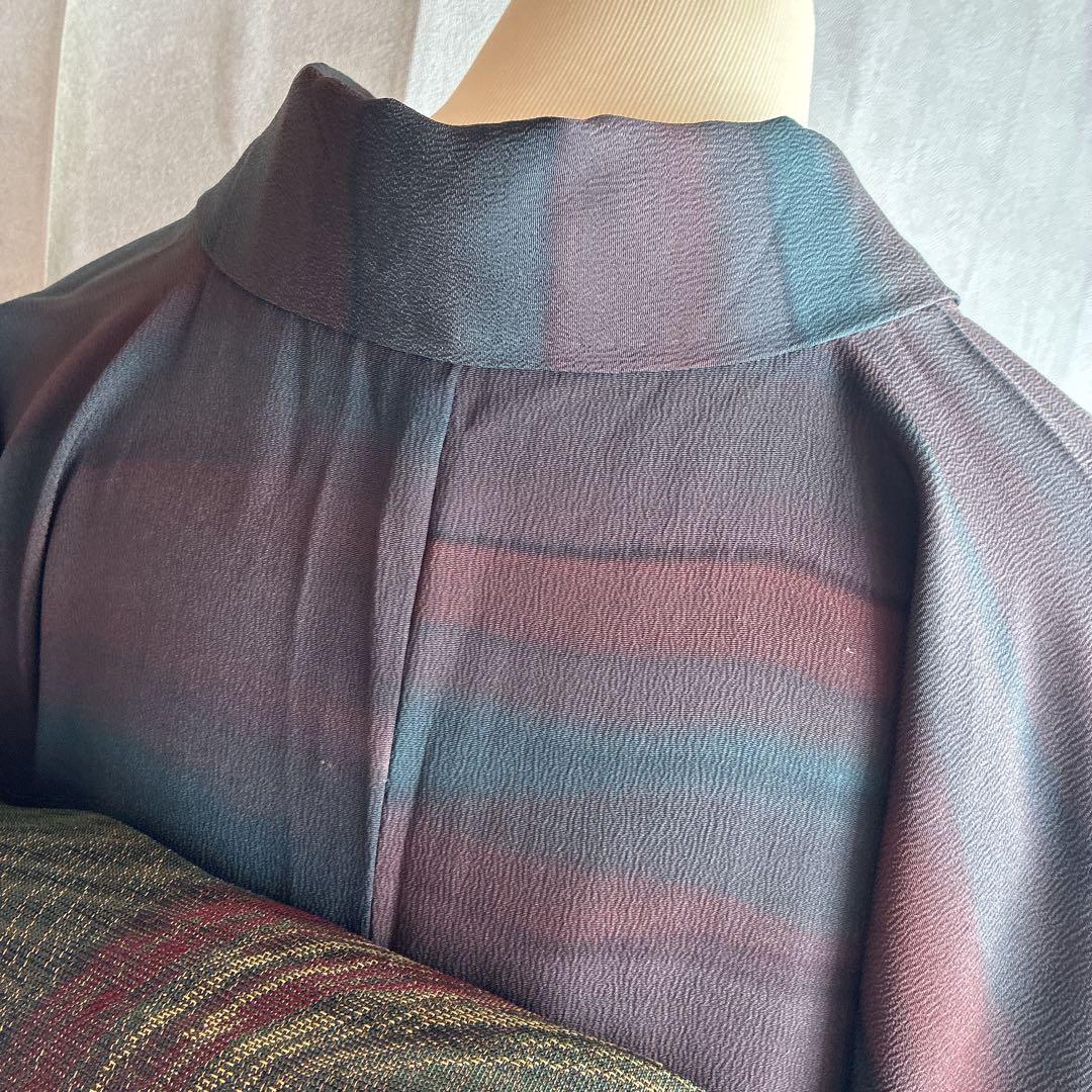 小紋　フルセット　着物　トールサイズ　正絹　大人着物　深色格子　粋　J1