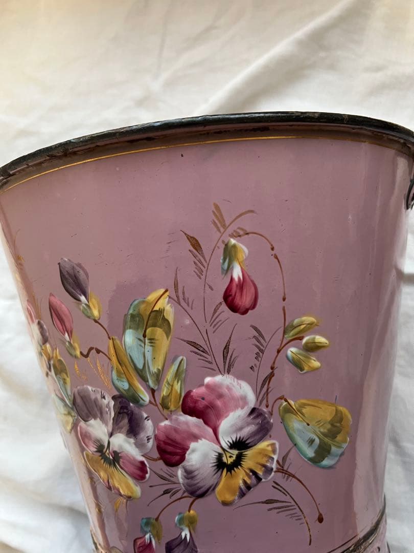 希少♡フランスアンティーク　ピンク　手描き　ホーロー　バケツ　ハンドペイント