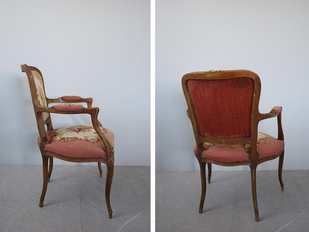 フランスアンティーク猫脚サロンチェア/木製肘掛けイス/アームソファ(89-46)