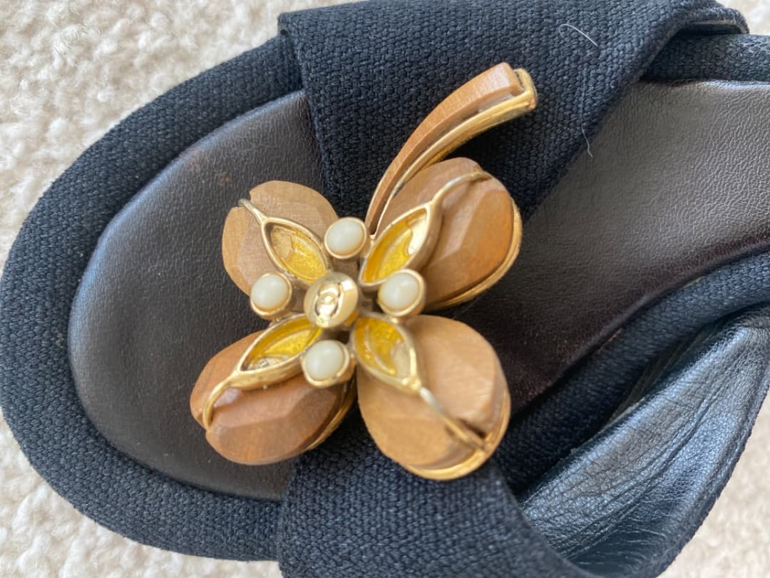 【レア】CHANEL ブラック ウッドカメリア サンダル ミュール　36