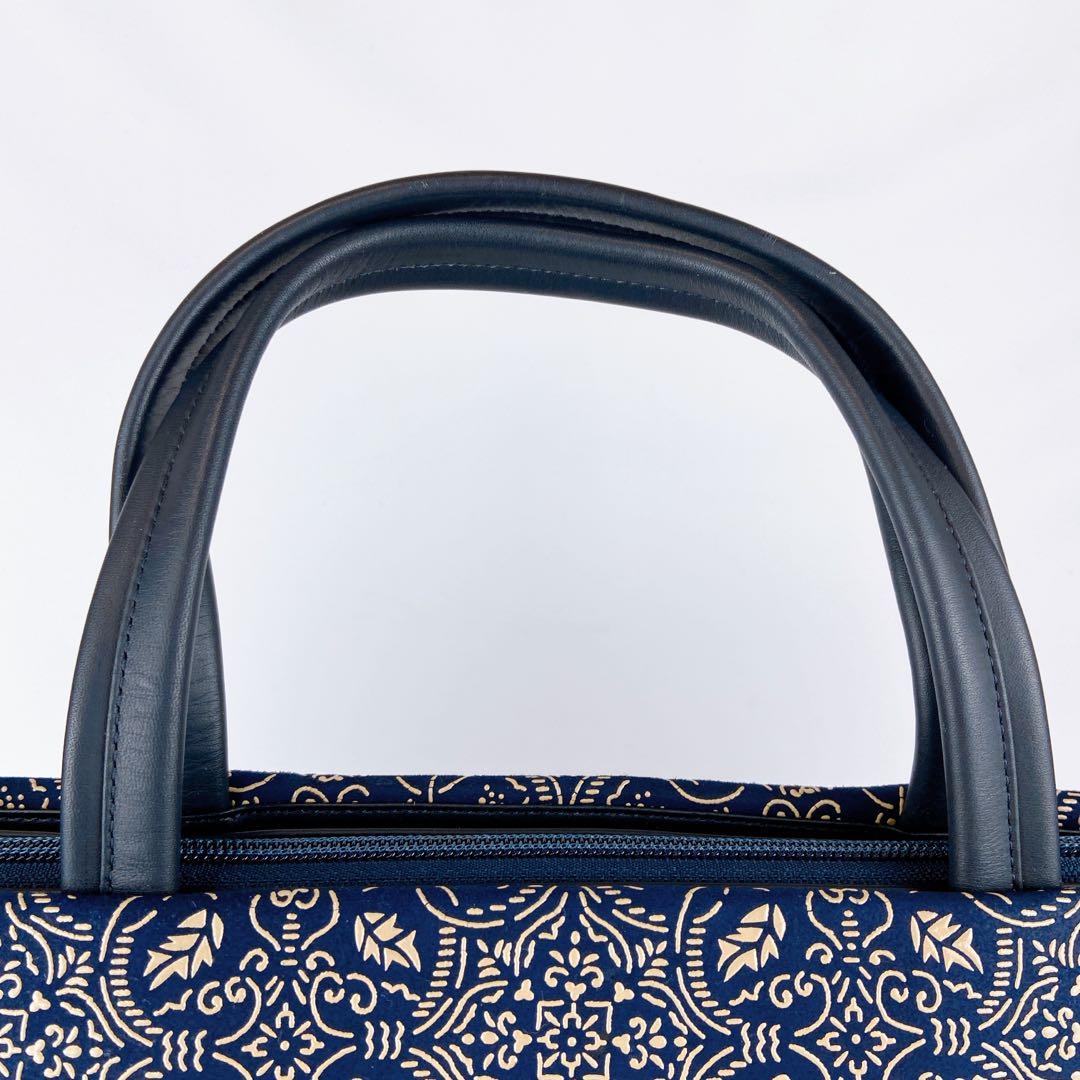 極美品 印傳屋 A4可 ハンドバッグ ネイビー ぶどう唐草 レザー 本革