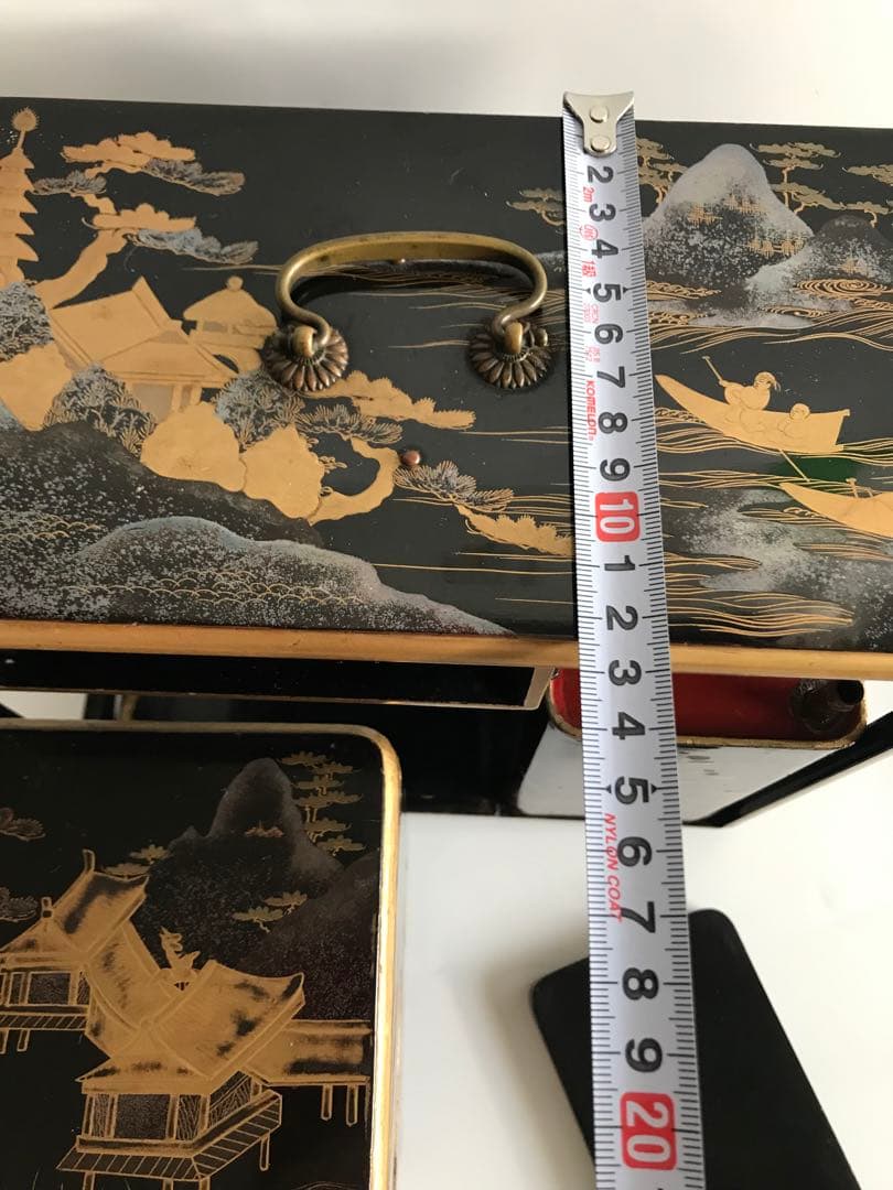 江戸 明治時代 骨董 漆器 金蒔絵　野弁当　重箱 風景花絵　黒塗内朱　天然木