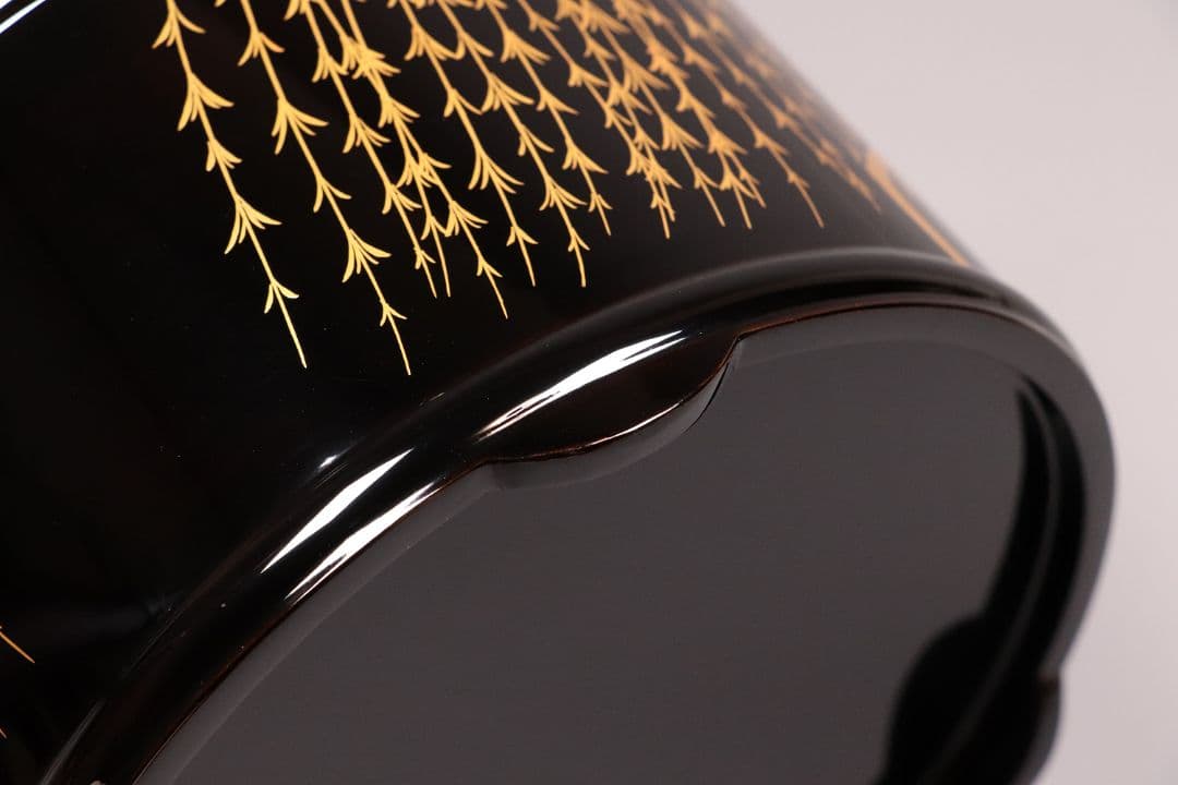 茶道具 輪島塗 若島孝雄 柳 金蒔絵 手桶 水指 共箱 黒塗 木製【MA187】