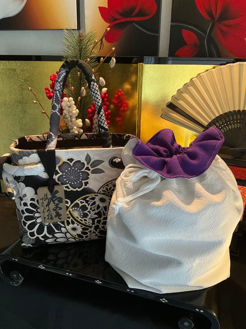 一閑張り　一閑張りバッグ　古文書　和紙　花絵柄　大正　着物　梅　京友禅　牡丹　菊