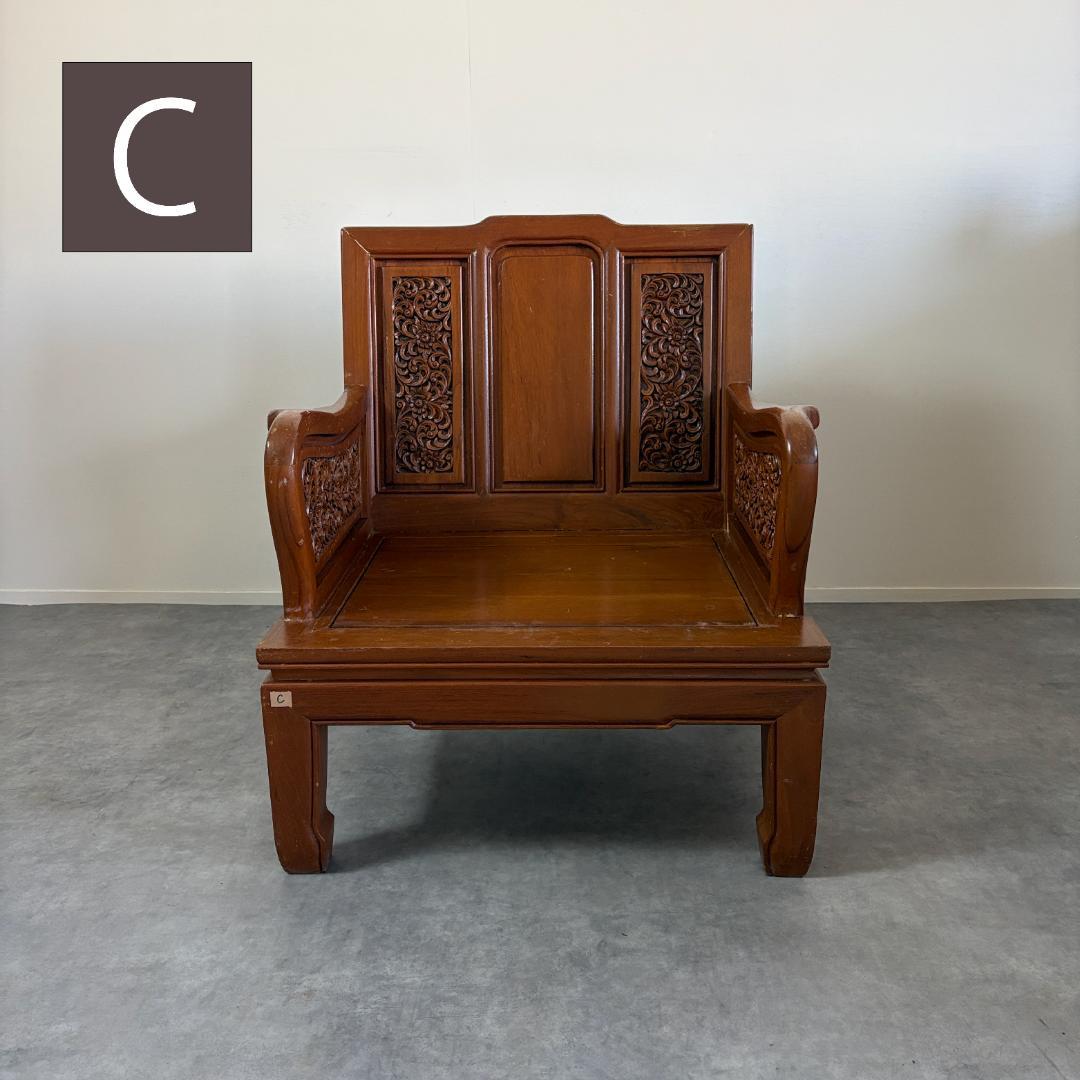 アジアン家具 彫刻 ローテーブル＋木製椅子4脚セット