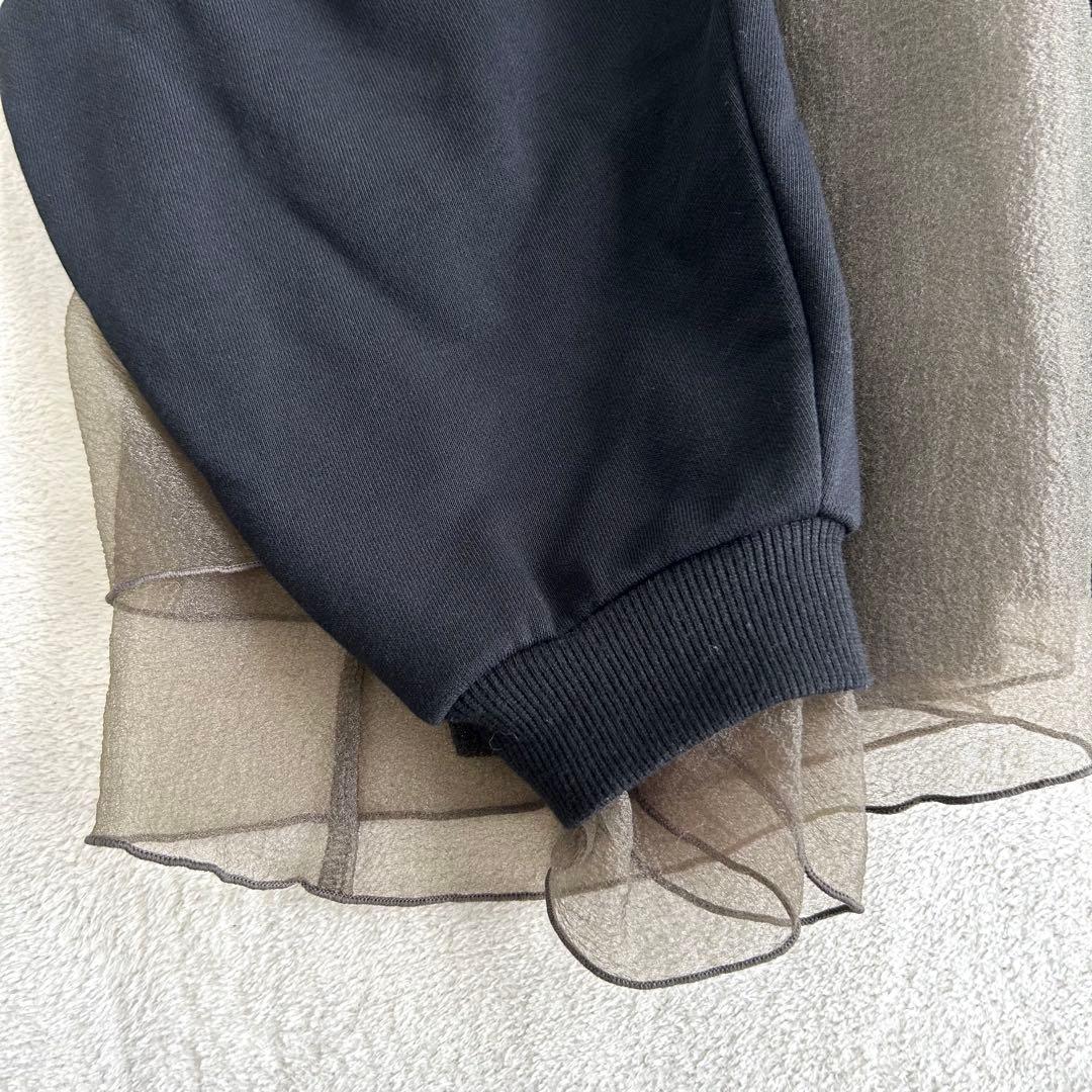 【WILLFULLY】チュールフリル異素材スウェット　ブラック　F 体型カバー