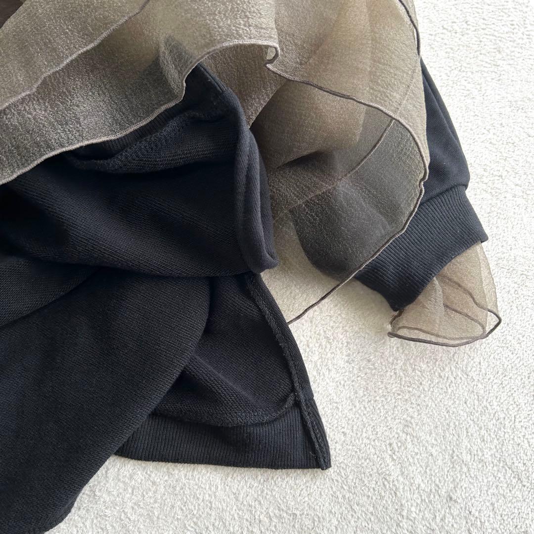 【WILLFULLY】チュールフリル異素材スウェット　ブラック　F 体型カバー