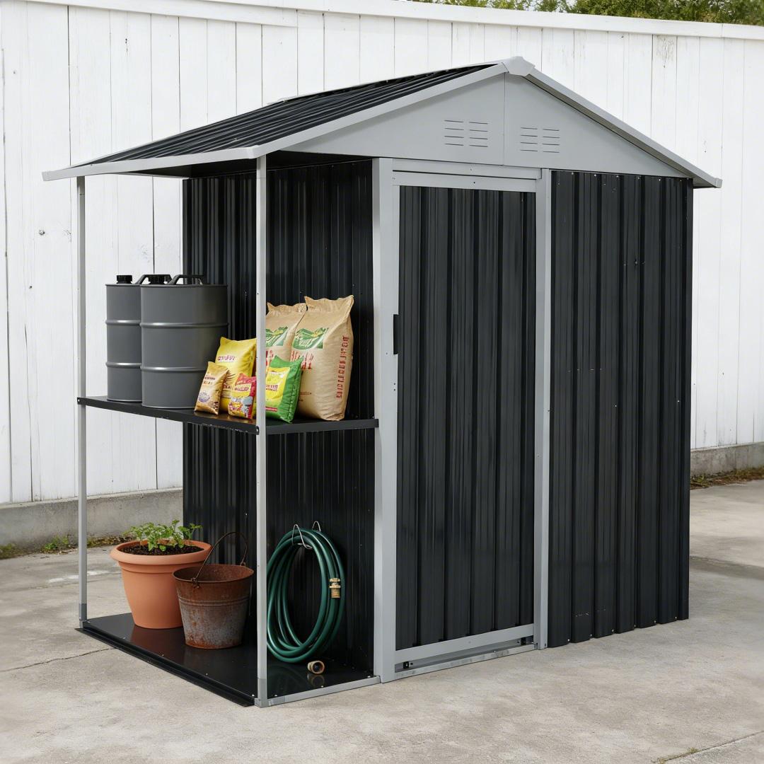 【収納ラック付き】戸外収納庫　防水・防錆　スチール物置　BLACK