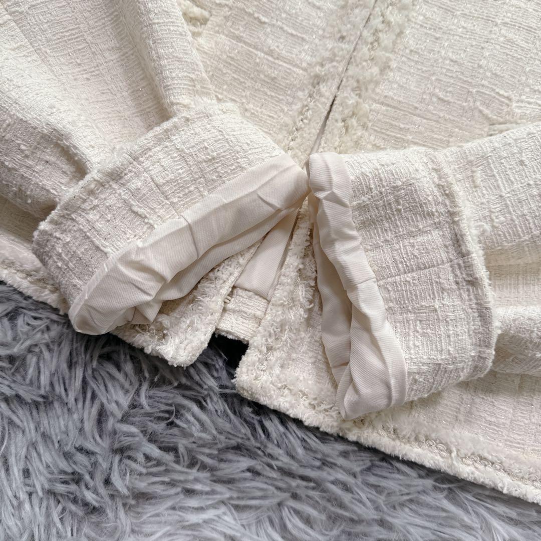 セルフォード ノーカラーツイードジャケット M アイボリー 上品 入学式 入園式