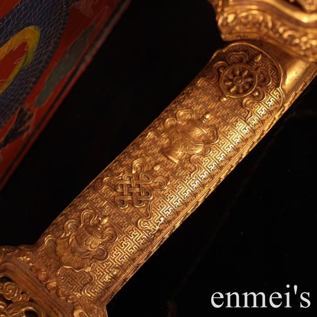 中国古美術・旧蔵透彫鎏金如意置物・純銅製・鏨刻鎏金・純手作り・箱付き・文房具