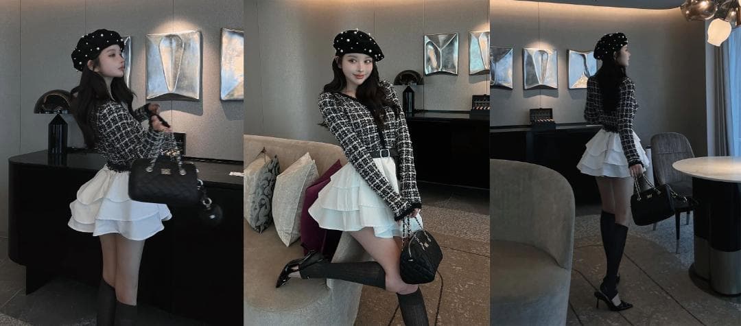 ダーリッチ darich ボリュームフリルツイードニットミニワンピース BLK