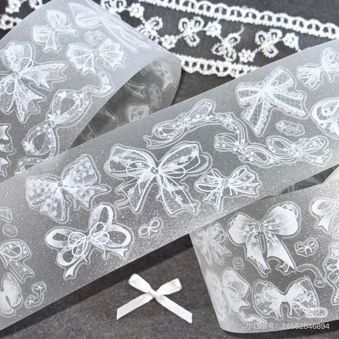 【9085】海外　マステ　5m巻　ラメ加工カッティング　レース　白リボン　装飾系