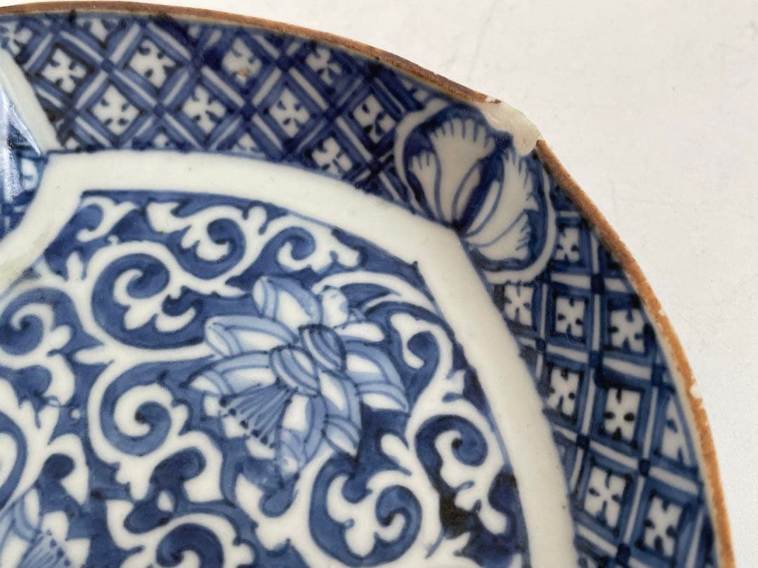 骨董　アンティーク　古伊万里　菱形　染付　逆唐草文様　変形皿　小皿　角福