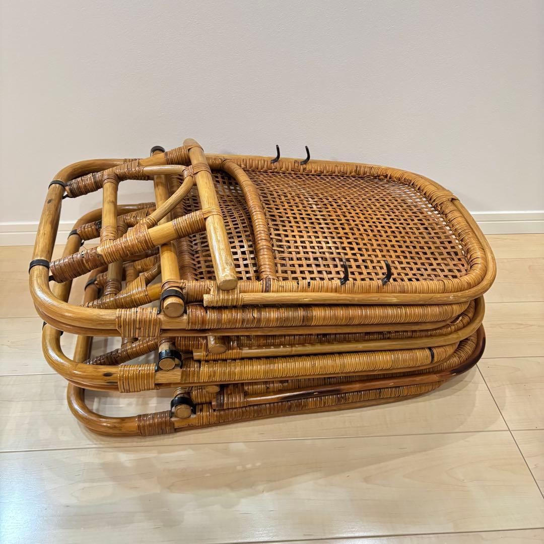 レトロ　ラタン 籐 座椅子 3脚セット 折りたたみ 2段階リクライニング