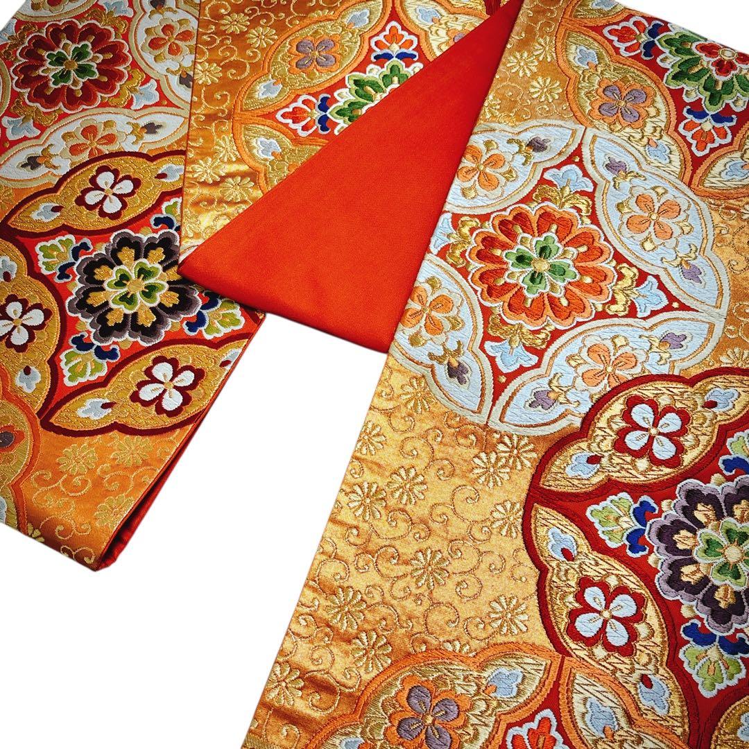 AA1袋帯 六通唐織華文柄 河合美術織物 金糸　八宝花 正絹 着物