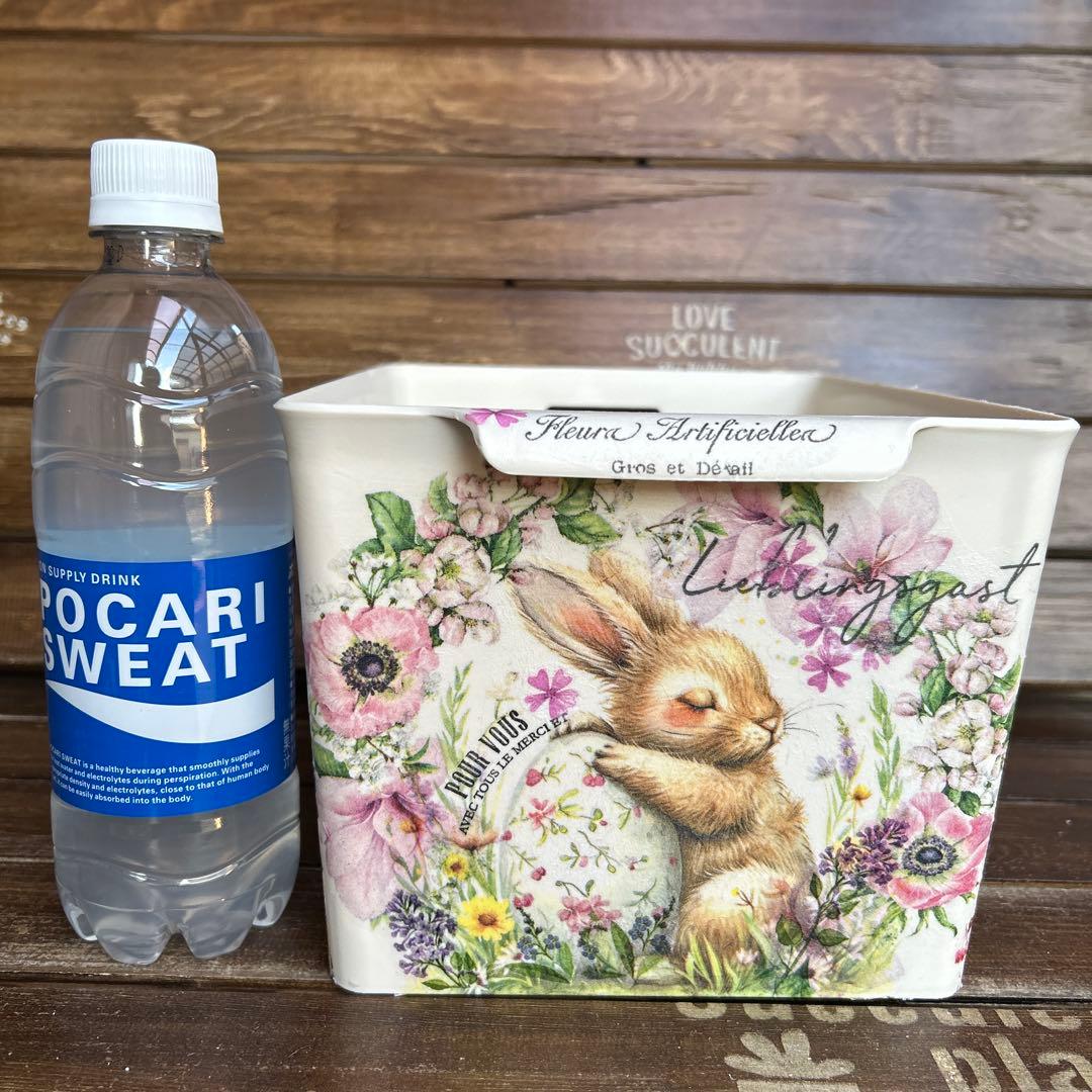 Yoさまご購入済　取手付きボックス 白色たまごを抱いたうさぎさんと ピンクのお花