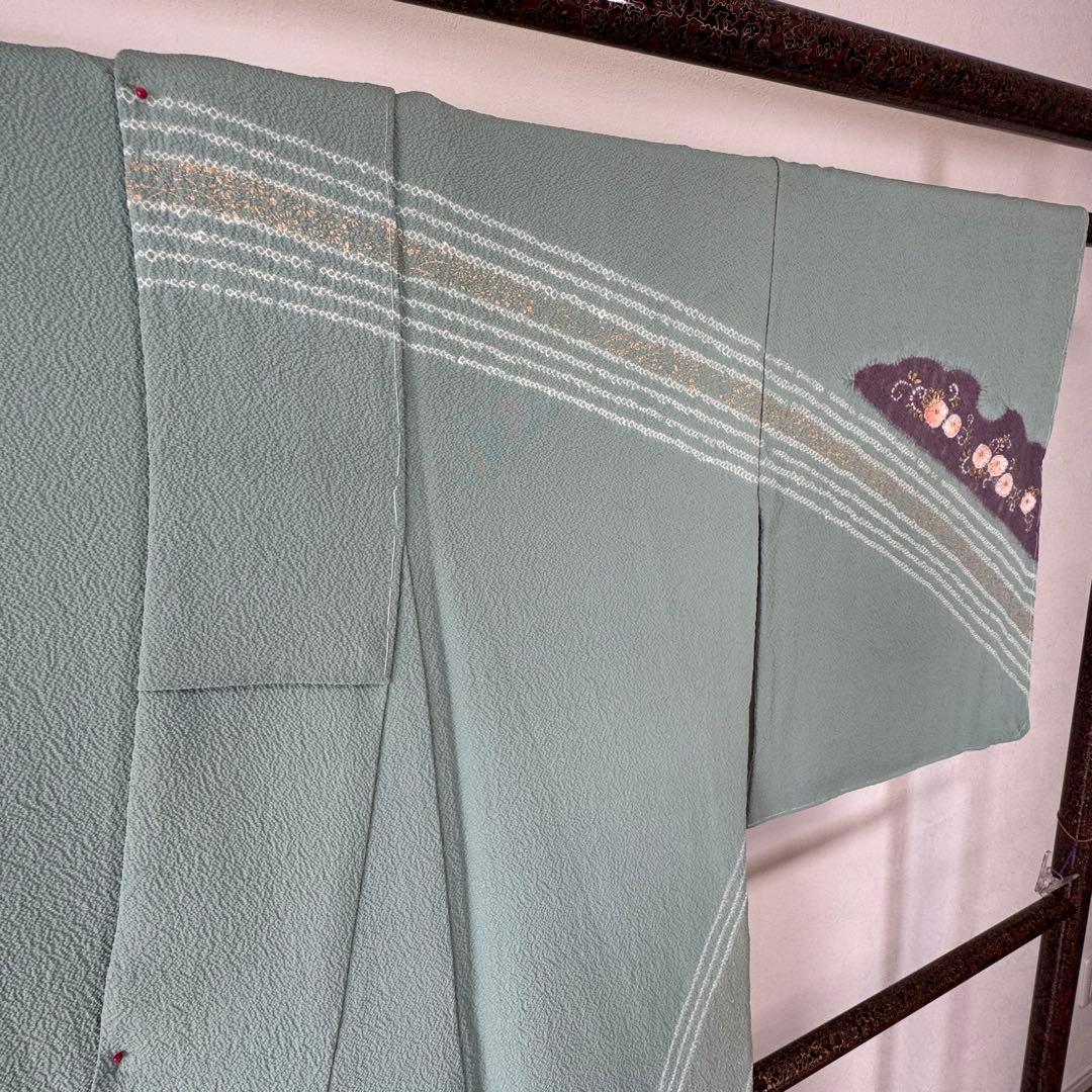 しつけ付き　正絹　袷　広襟　訪問着　付け下げ　着物　163 青緑　紫　金　滝泰