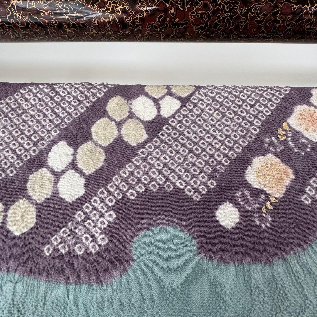 しつけ付き　正絹　袷　広襟　訪問着　付け下げ　着物　163 青緑　紫　金　滝泰