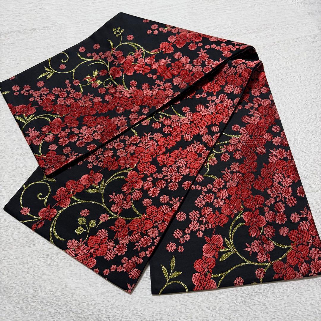 D33＋m-59 胡蝶蘭 今井織物 振袖 正絹 袋帯 六通 未使用 黒地