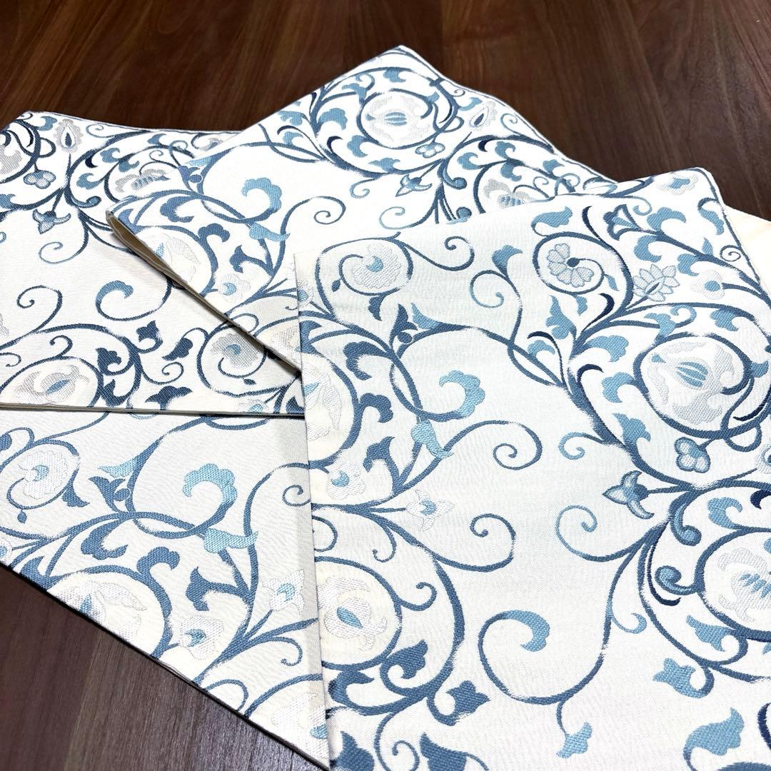 きよちゃん正絹 六通袋帯 【刺繍 花唐草 ブルー】