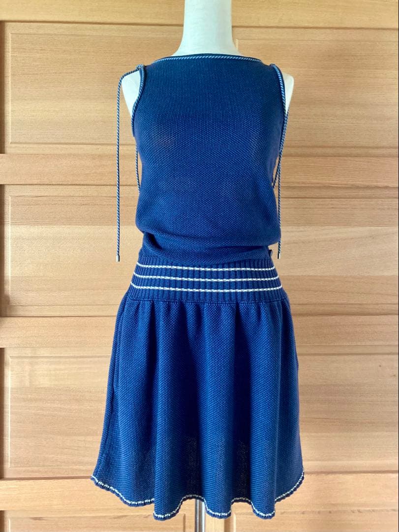 CHANEL サマーニット ノースリーブ ワンピース ドレス 36 ネイビー