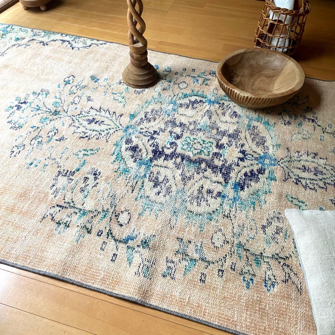99×222 ペールベージュ×ブルー　メダリオン　擦れトルコヴィンテージラグ