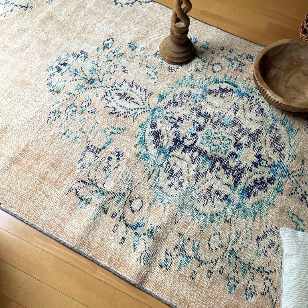 99×222 ペールベージュ×ブルー　メダリオン　擦れトルコヴィンテージラグ