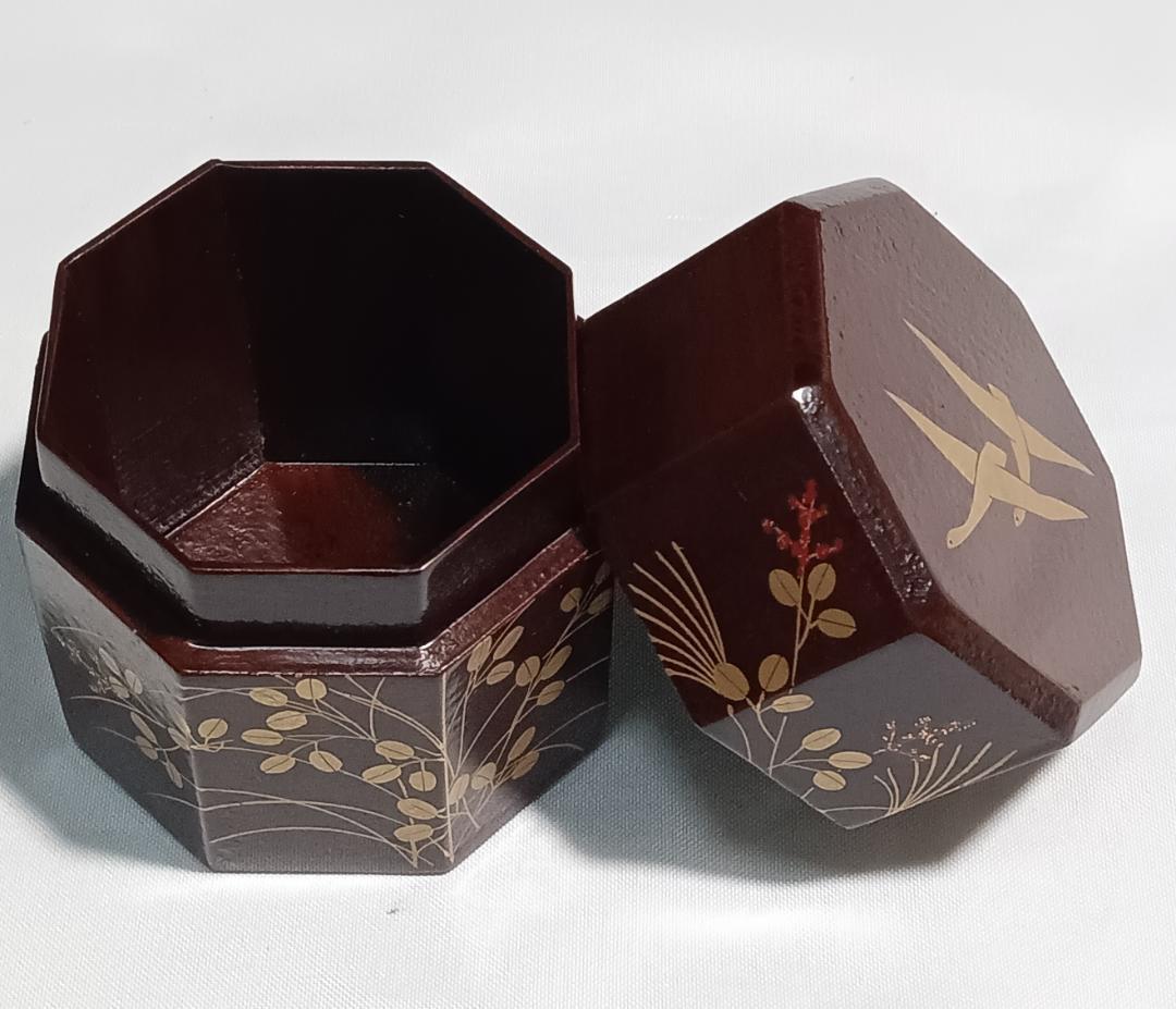 茶道具　宗観好一閑張八角茶器　道場宗廣作　二季鳥に秋草蒔絵八角茶器　超美品！！