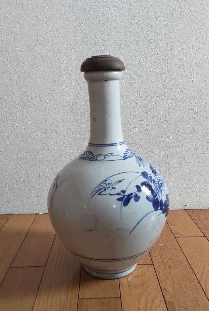 古い平清水焼　木製蓋付き　染付　大徳利